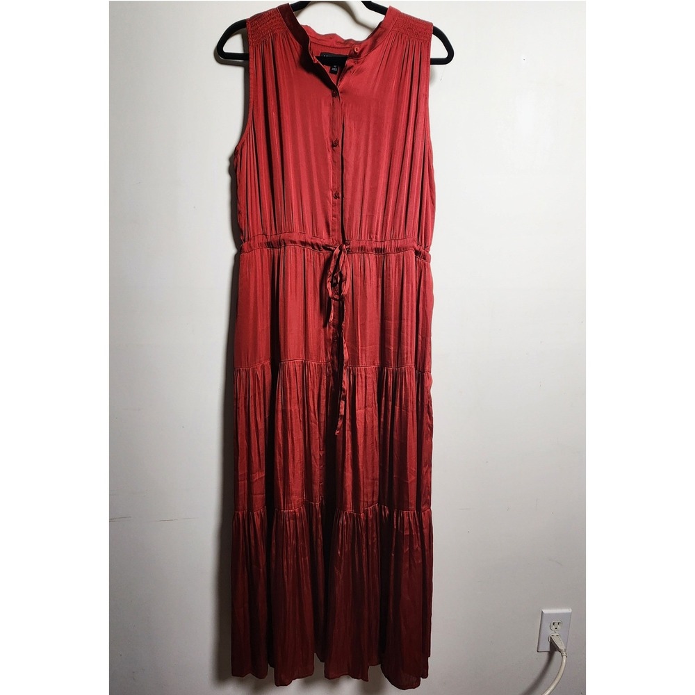 Banana Republic Satin Tiered Maxi Shirt Dress Sz 10 Sleeveless Smocked Tie Waist